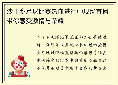 沙丁乡足球比赛热血进行中现场直播带你感受激情与荣耀